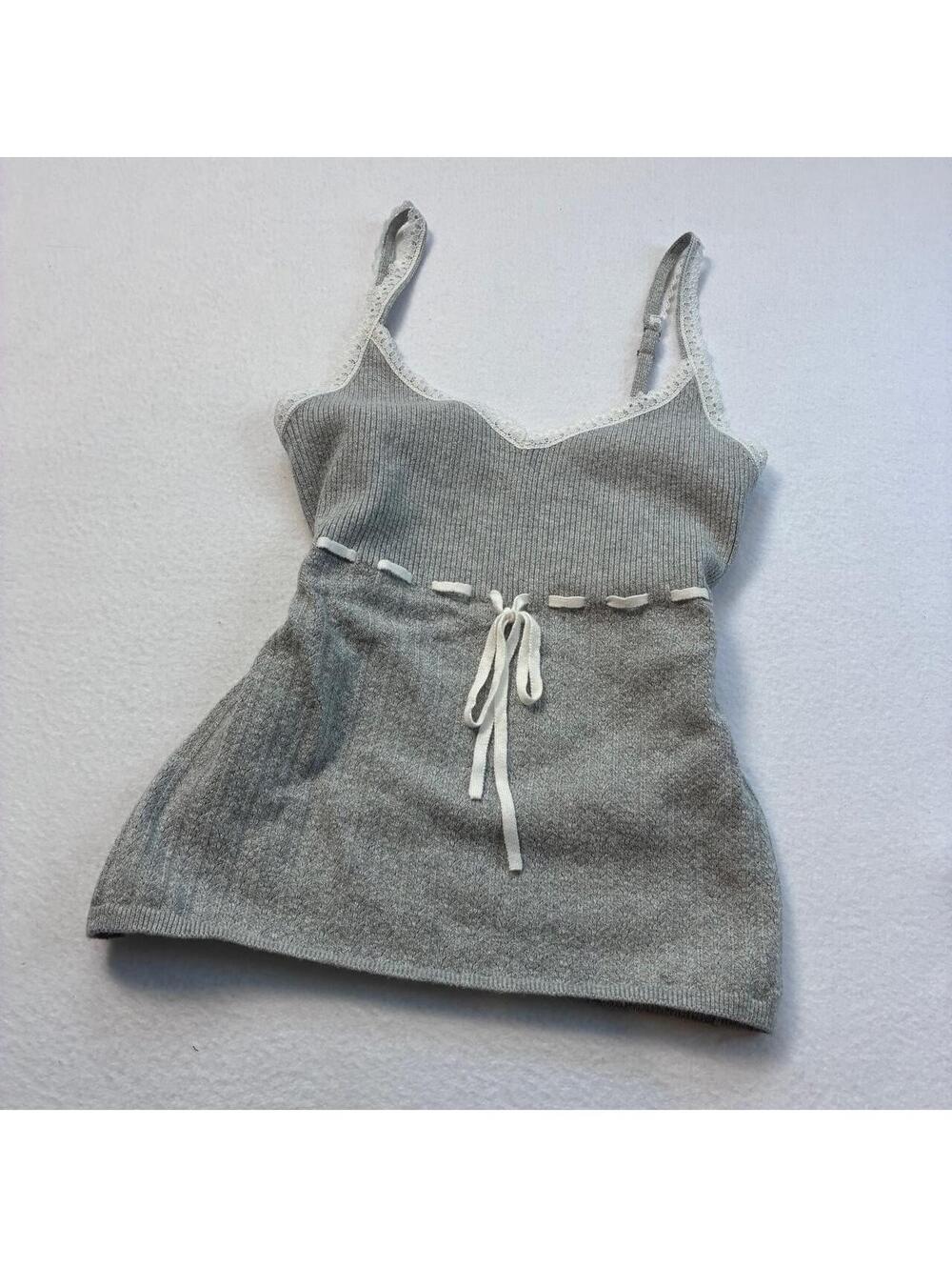 Hollister Women's Large Gray Ribbed Knit Tank Top Cami Lace Trim Waist Tie Y2K